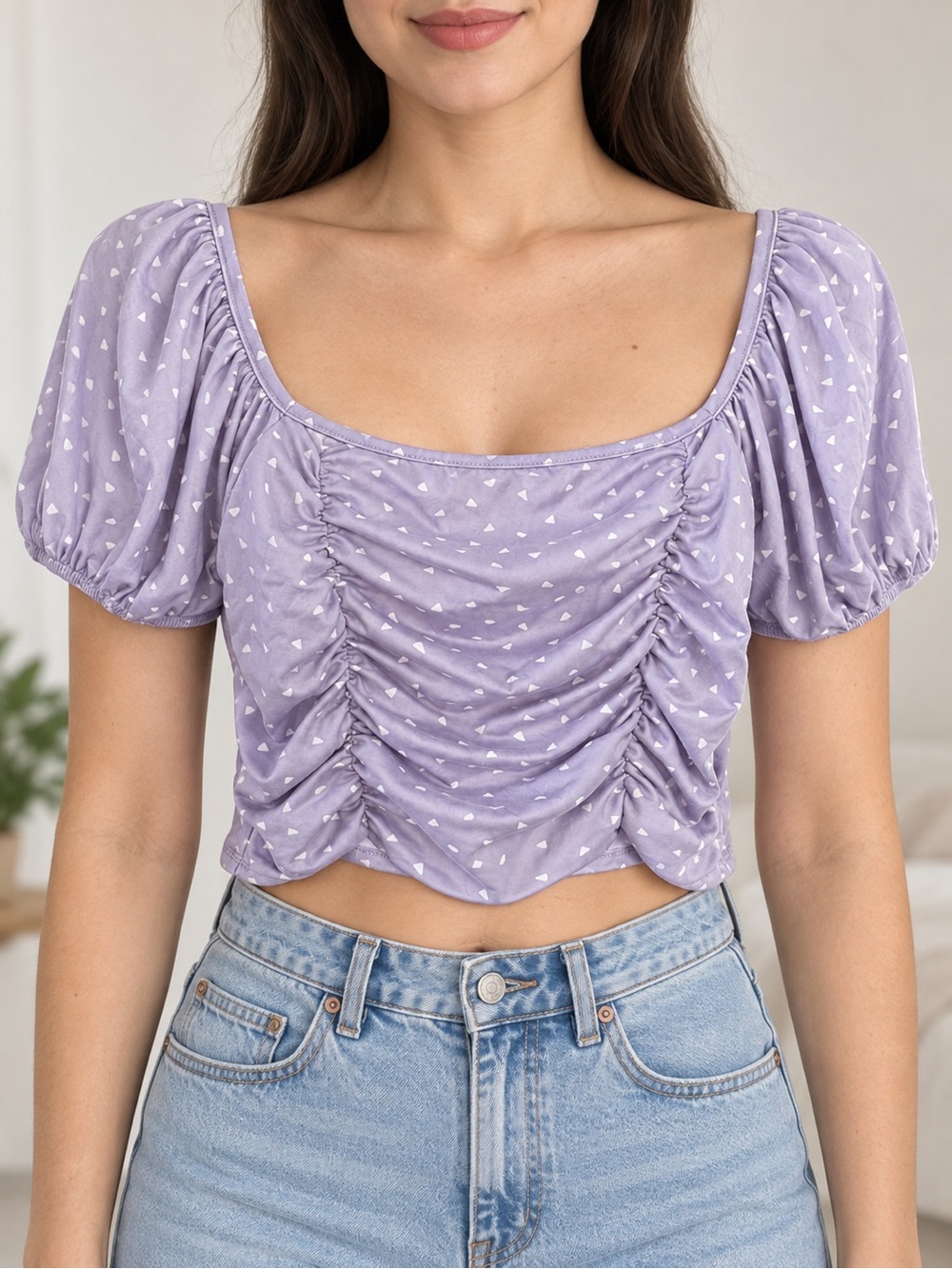 Ragdoll Lavender Puff-Sleeve Ruched Crop Top